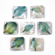 Real Leaf with Foil Epoxy Cabochon Resin Green 15x15mm - 4pcs