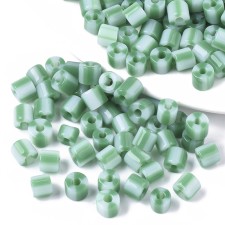 7mm Striped Glass Bugle Beads - Green / White - 20grams