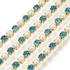 Rhinestone Metal Cup Chain SS6 - Alternating Pearl & Aqua Blue Glass Stone -1 Yd