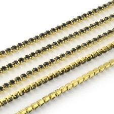 SS6 Brass Metal Chain Black Diamond Glass Stone - 1 Yd