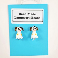 2pc Handmade Lampwork Glass Focal Beads white Brown Puppy Dog