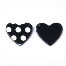 Resin Heart Pendant Cabochon 25x27mm Black with White Polka Dots 2pcs