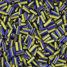 7mm Striped Glass Bugle Beads - Blue and Yellow - 20grams