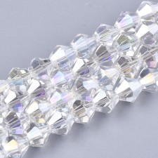 6mm Bicone Electroplated Glass Beads - AB Transparent Clear - 10.5" Strand