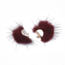 Faux Mink Fur Tassels with Rhinestone and Alloy Findings  - Dark Red 2pcs