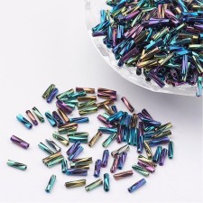 12mm Twisted Glass Bugle Beads: Rainbow Purple Iris Twist 20g