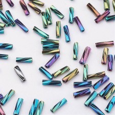 Glass Bugle Beads: 9mm Rainbow Iris Twist 20g