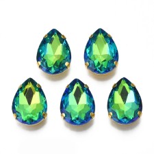 18x13mm Teardrop Sew on Rhinestone, Electroplate Glass, Cabochon w/ Setting - Light Green 6pcs