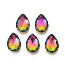 18x13mm Teardrop Crystal Rhinestone Glass, Cabochon w/ Setting - Gold Vitrail 6pcs