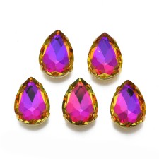 18x13mm Teardrop Sew on Rhinestone, Electroplate Glass, Cabochon w/ Setting - Deep Pink 6pcs