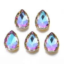 18x13mm Teardrop Sew on Rhinestone, Electroplate Glass, Cabochon w/ Setting - Purple Plum 6pcs