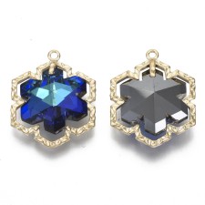 Glass Rhinestone Pendants, with Light Gold Plated Brass Findings, Snowflake 28x22mm AB Blue