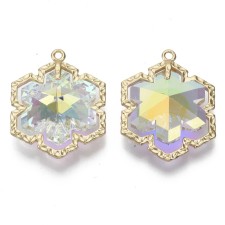 Glass Rhinestone Pendants, with Light Gold Plated Brass Findings, Snowflake 28x22mm AB Clear Crystal