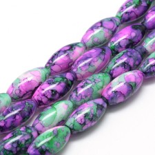 22x10mm Oval Glass Painted Marble -Pink/Green - 30 Inch Strand