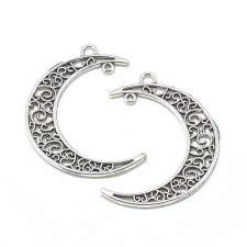 Crescent Moon Silver Tone Pendant Charms Tibetan Style 41x30mm 2pcs