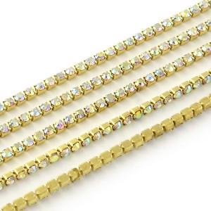 SS6 Gold Metal Chain with AB Gold Glass Stone - 1 Yd