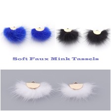 Faux Mink Fur Tassels and Alloy Findings  - White, Black or Blue  2pcs