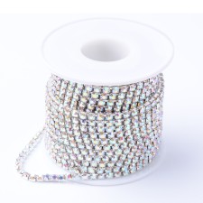 SS6 Silver Metal Chain with AB Crystal Glass Stone -10yd Roll