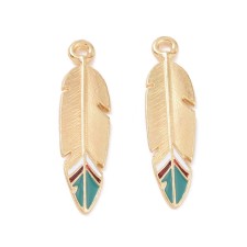 Enamel Gold Feather Charm 34mm Pendant with Green Tip 4pcs