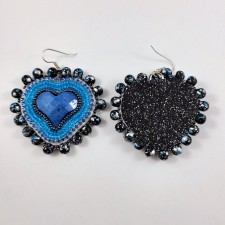 Authentic Native Beadwork Blue Hearts with Rhinestones Seed Beaded Earrings on Hooks