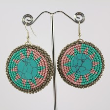 Beadwork Round Star Burst with Pink Green Turquoise Slab Seed Beaded Earrings on Hooks