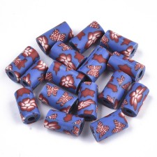 Handmade Polymer Clay Beads Blue with Red flower Pattern 12x7mm 20pcs