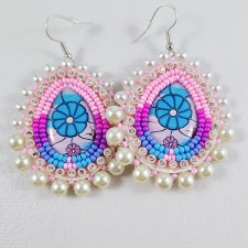 Authentic Native Beadwork Blue Flower, Pink Seed Beaded Earrings, Teardrop