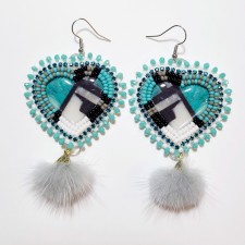 Authentic Native American Beaded Earrings, Turquoise Heart Seed Beaded with Rhinestones