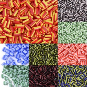 Striped Glass Bugle Beads - 7mm - 10mm, Blue, Red, Green, White, Black, 20grams