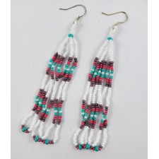 Authentic Native Beadwork 4" Czech Seed Beaded Dangle Fringe Earrings White Purple Turquoise