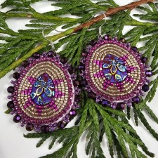 Beaded Purple Rhinestone Earrings, Indigenous, Native American Beadwork