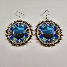 Beaded Blue Rhinestone Earrings, Indigenous, Native American Beadwork
