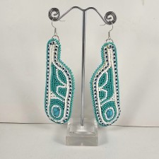 Beaded Green Turquoise Feather Rhinestone Earrings, Indigenous, Native American Beadwork