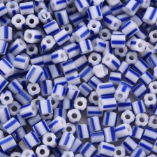 Striped Glass Bugle Beads 4.5-5mm- Blue / White - 20grams