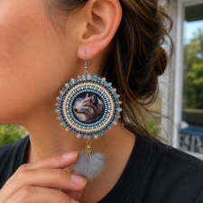 Beaded Wolf Rhinestone Earrings, Indigenous, Native American Beadwork