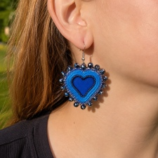 Authentic Native Beadwork Blue Hearts with Rhinestones Seed Beaded Earrings on Hooks