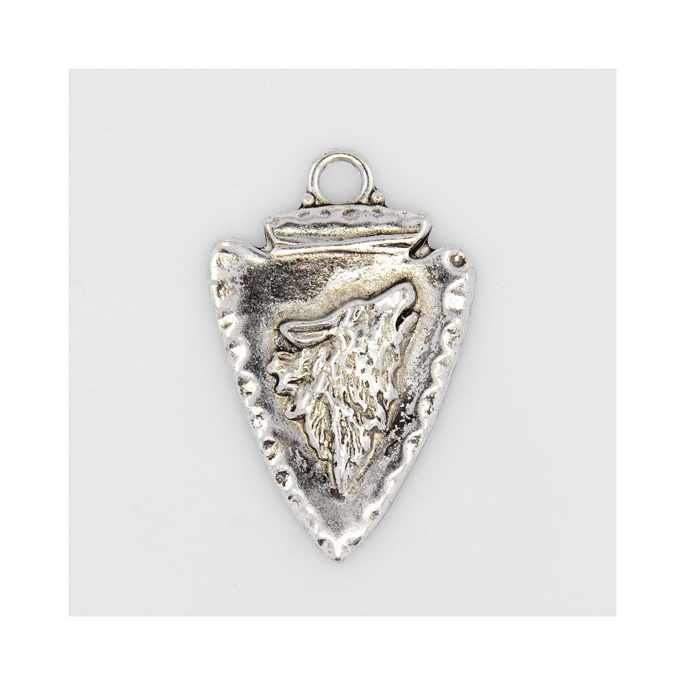 Arrow Head with Wolf, Antique Silver. Large 44x28x3mm, Hole: 5mm