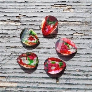1pc Grab Bin - Resin Cabochon Embellishments Teardrop Red & Green Faceted 10mm( 3/8") x 7mm( 2/8")