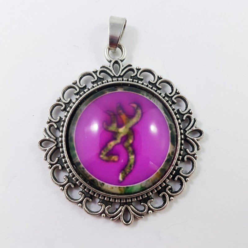 Browning Deer Pendant with Glass Dome Purple 40mm