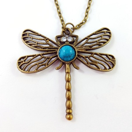 Dragonfly Pendant Turquoise Stone With Chain Antique Bronze