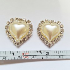 2pc Heart Acrylic Pearl Cabochons, with Grade A Rhinestone and Brass  Settings, Cream, 22x22mm