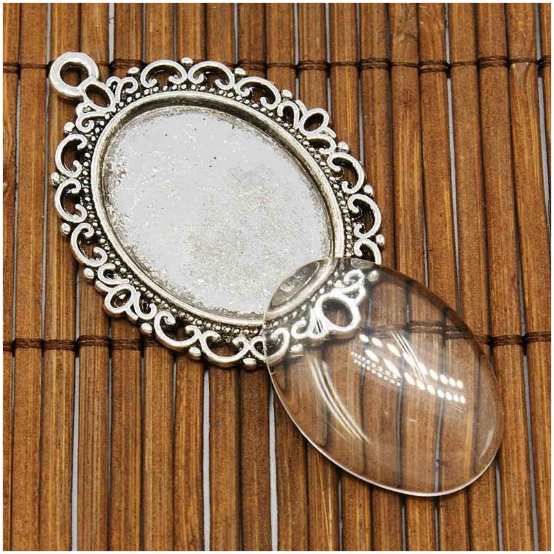 Silver Pendant Cabochon Settings and Oval Transparent Glass Cabochons for Pendant 