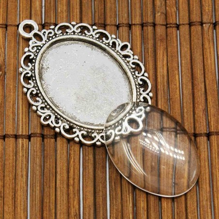 Silver Pendant Cabochon Settings and Oval Transparent Glass Cabochons for Pendant 