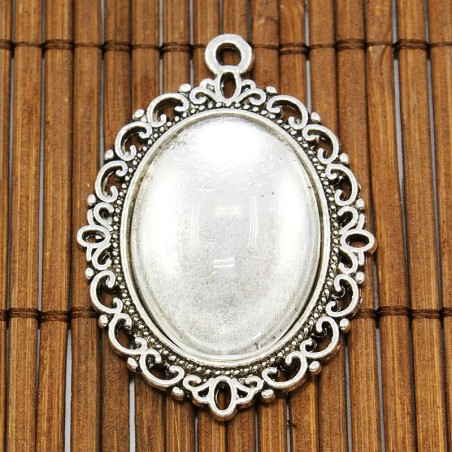 Silver Pendant Cabochon Settings and Oval Transparent Glass Cabochons for Pendant 