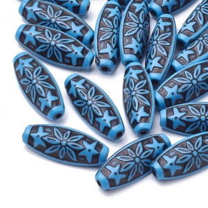 10pc Antique Acrylic Beads, Rice with Flower, Blue, 35x14x10mm, Hole: 2.5mm