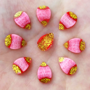 10pc  - Resin Cabochon Embellishments Teardrop Pink & Gold Glitter Faceted 12mm x 8mm