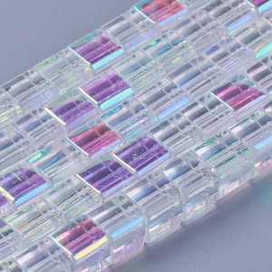 52pc Strand Elecroplated Glass Square Cube Beads 6mm AB color plated