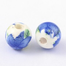 10mm Round Porcelain Clay Beads Blue Flower Pattern 10pcs