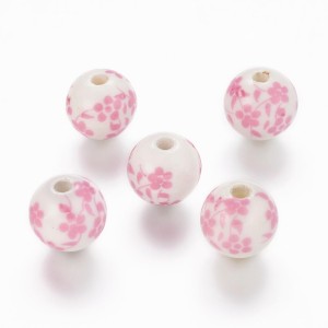 10pc Handmade Flower Pattern Porcelain Clay Beads, 1mm, Hole: 3mm