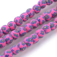 10pc Handmade Pink Flower Pattern Polymer Clay Beads, 9mm, Hole: 2mm